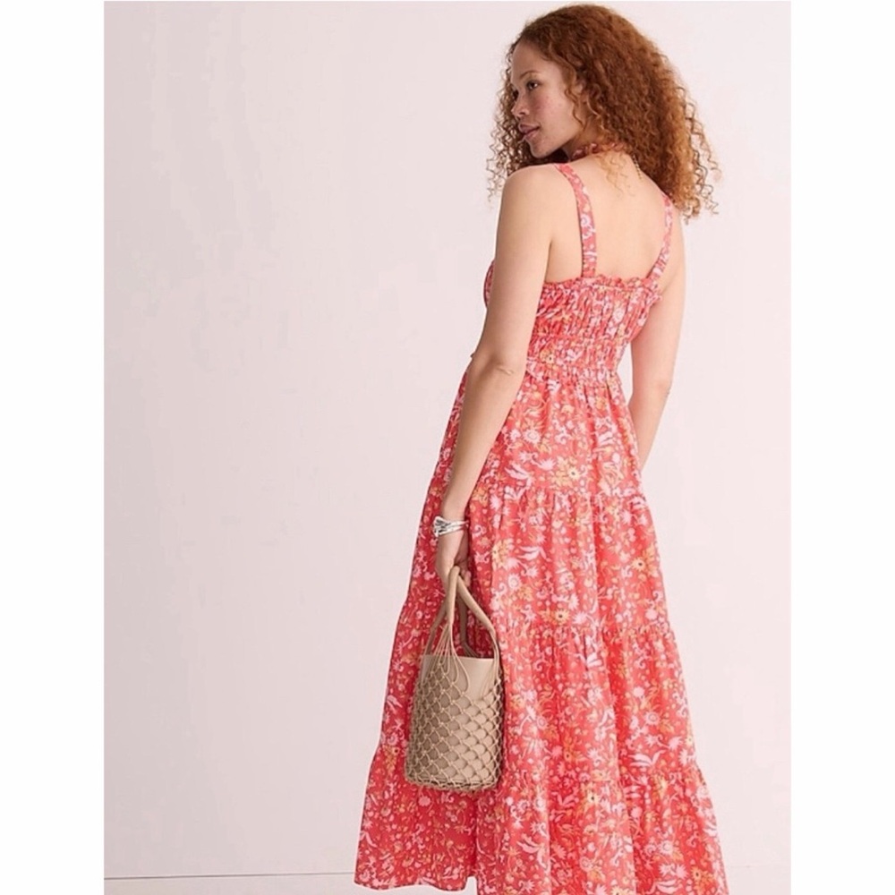 J.Crew Sunny Blooms Pink Floral Smocked Cotton Midi Dress Pockets Ruffle M - Picture 4 of 10